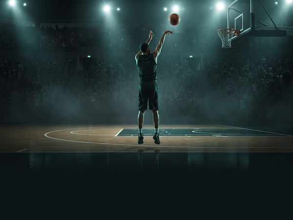 Basketball player rising for a jump shot in a dark arena