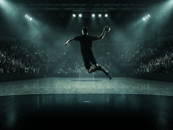 Handball player leaping to shoot in an indoor arena